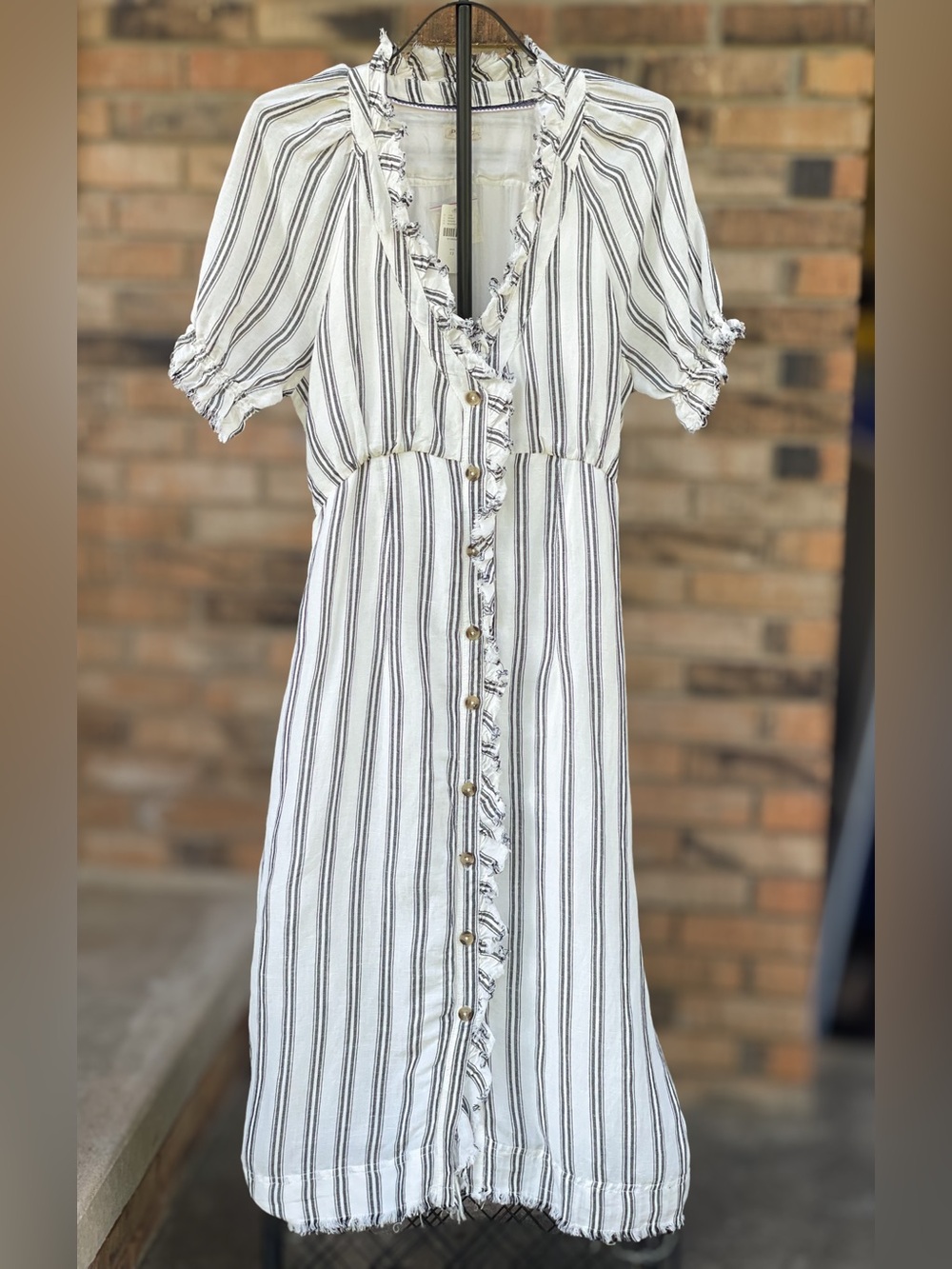 Pilcro Anthropologie Size 12 Striped Linen Midi Dress Button Front Ruffle